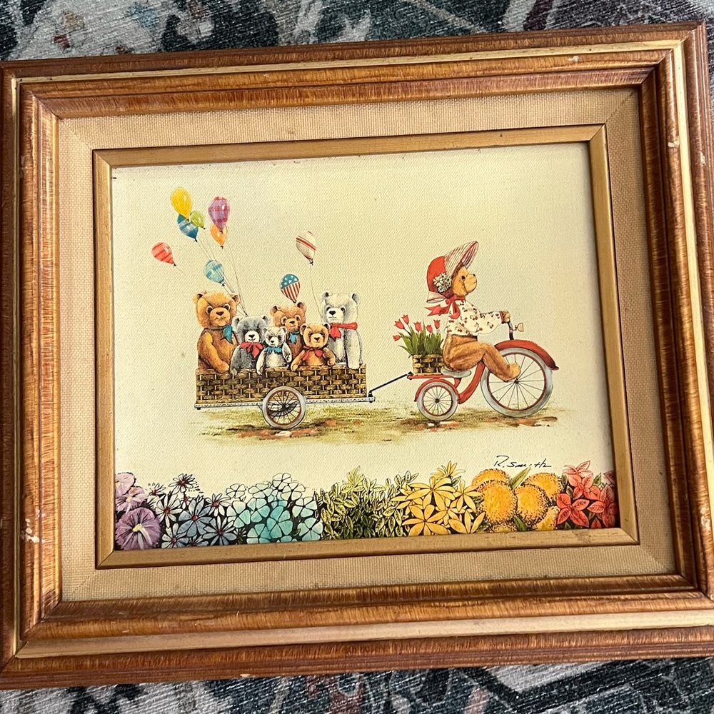 R. Smith signed hand painted framed teddy bear wagon art on stretched canvas